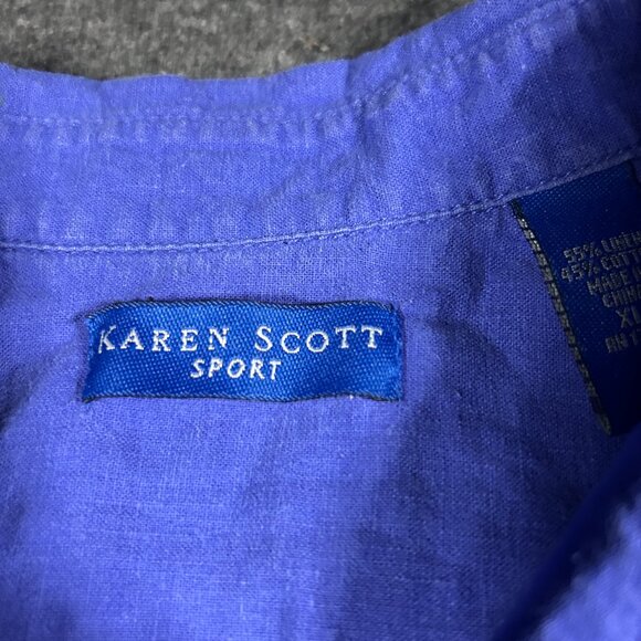 VTG Karen Scott Womens Button Up Blue Short Sleeve Linen Cotton Shirt Size XL - Picture 3 of 11